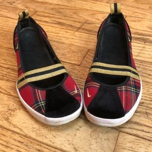 Nike plaid and black velvet ballet flats.